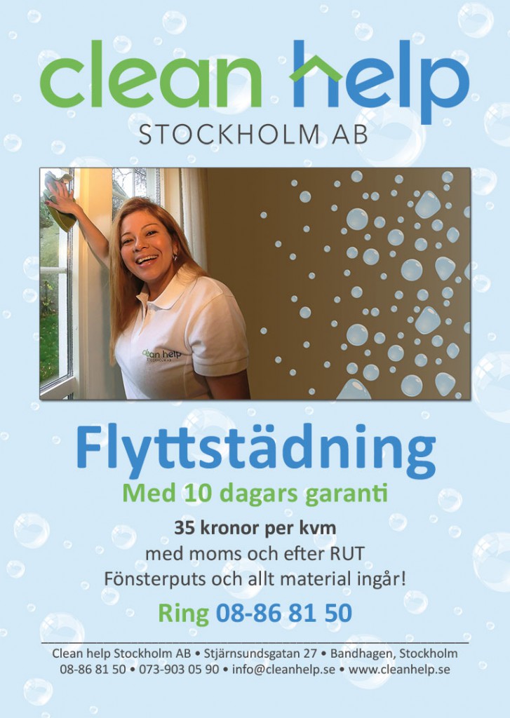 Flyttstädning 35 kronor per kvadratmeter inklusive moms och rutavdrag. Kontakta oss Clean help Stockholm, telefon 08-86 81 50, e-post info@cleanhelp.se
