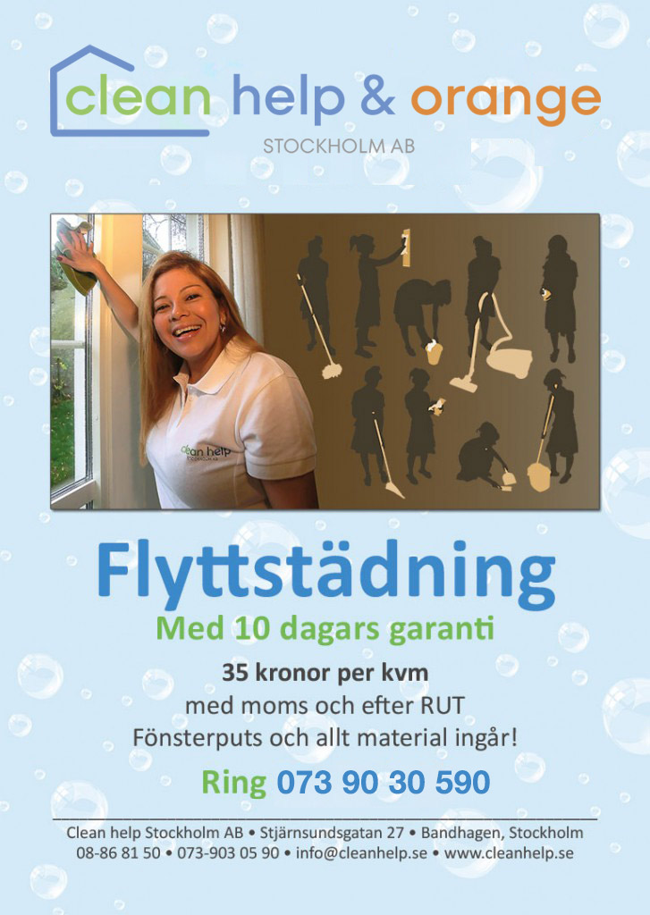 Flyttstädning 35 kronor per kvadratmeter inklusive moms och rutavdrag. Kontakta oss Clean help Stockholm, telefon 08-86 81 50, e-post info@cleanhelp.se