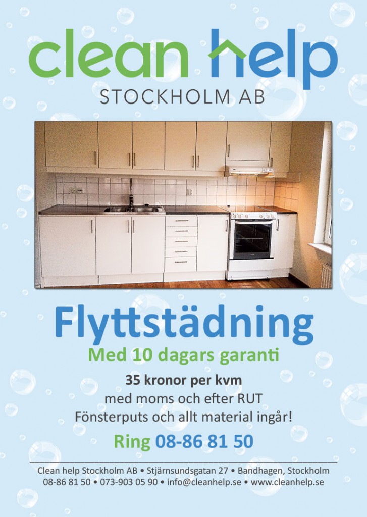 Flyttstädning 35 kronor per kvadratmeter inklusive moms och rutavdrag. Kontakta oss Clean help Stockholm, telefon 08-86 81 50, e-post info@cleanhelp.se