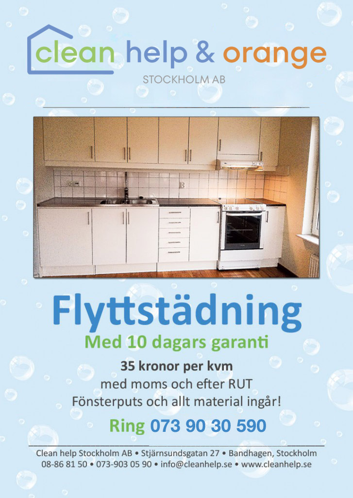 Flyttstädning 35 kronor per kvadratmeter inklusive moms och rutavdrag. Kontakta oss Clean help Stockholm, telefon 08-86 81 50, e-post info@cleanhelp.se