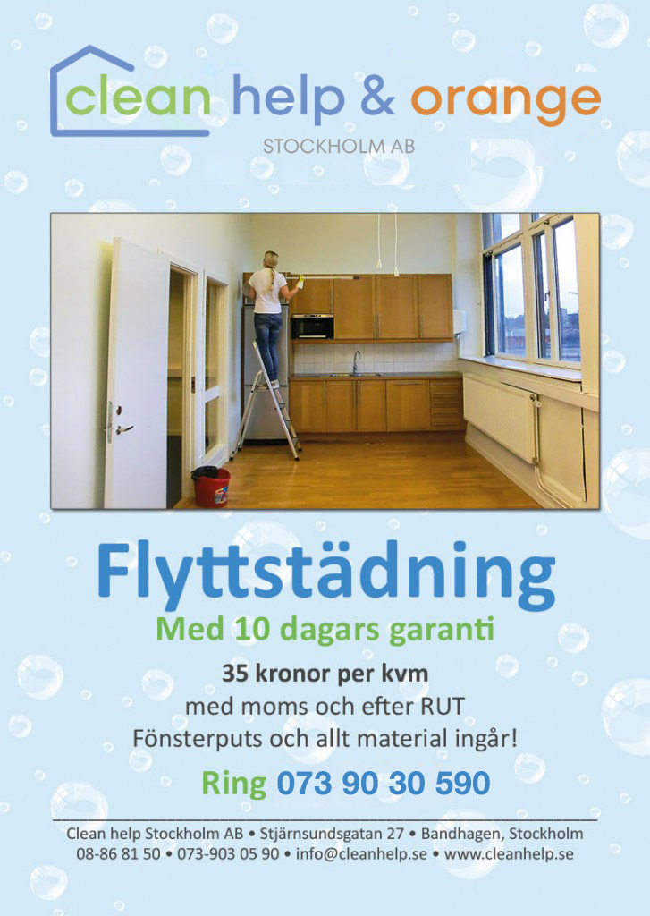 Flyttstädning 35 kronor per kvadratmeter inklusive moms och rutavdrag. Kontakta oss Clean help Stockholm, telefon 08-86 81 50, e-post info@cleanhelp.se