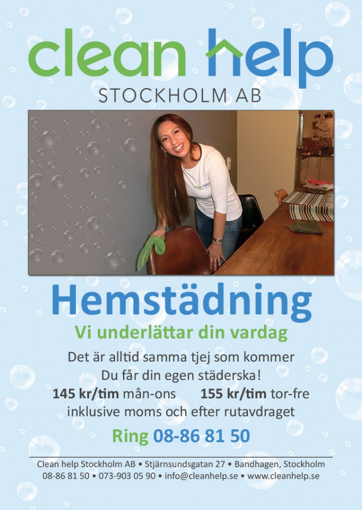 Hemstädning från 145 kronor i timmen inklusive moms och rutavdrag. Kontakta oss Clean help Stockholm, telefon 08-86 81 50, e-post info@cleanhelp.se