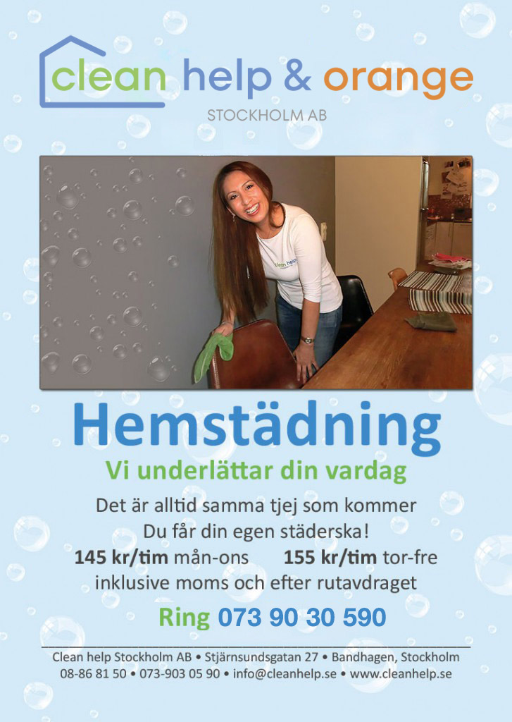 Hemstädning från 145 kronor i timmen inklusive moms och rutavdrag. Kontakta oss Clean help Stockholm, telefon 08-86 81 50, e-post info@cleanhelp.se